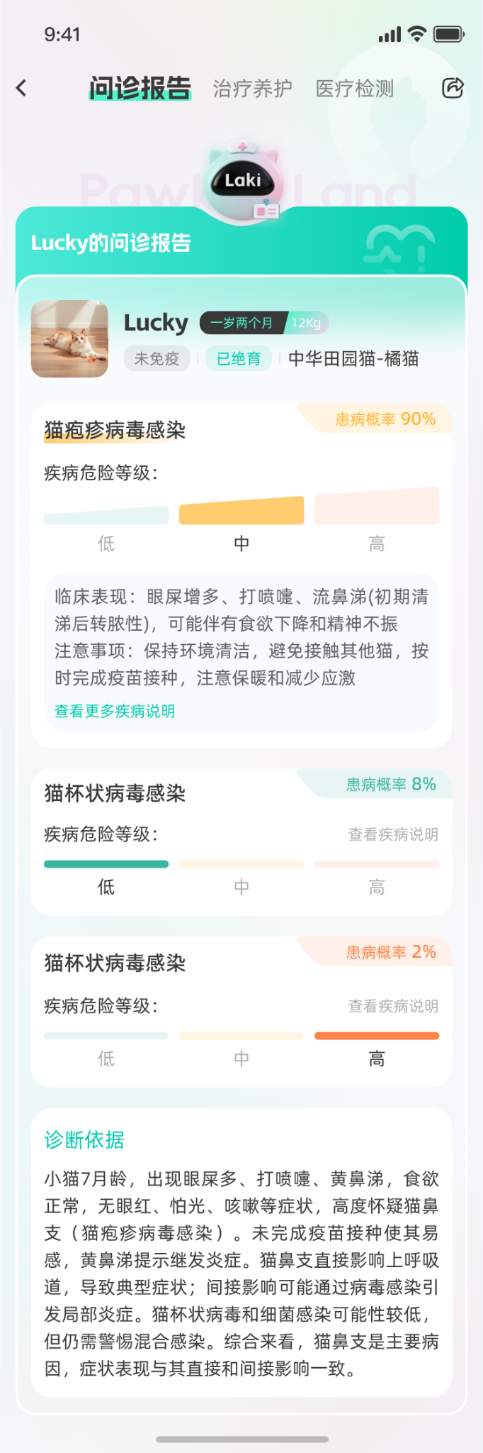 宠物AI问诊报告界面，展示疾病概率、风险等级和诊断依据